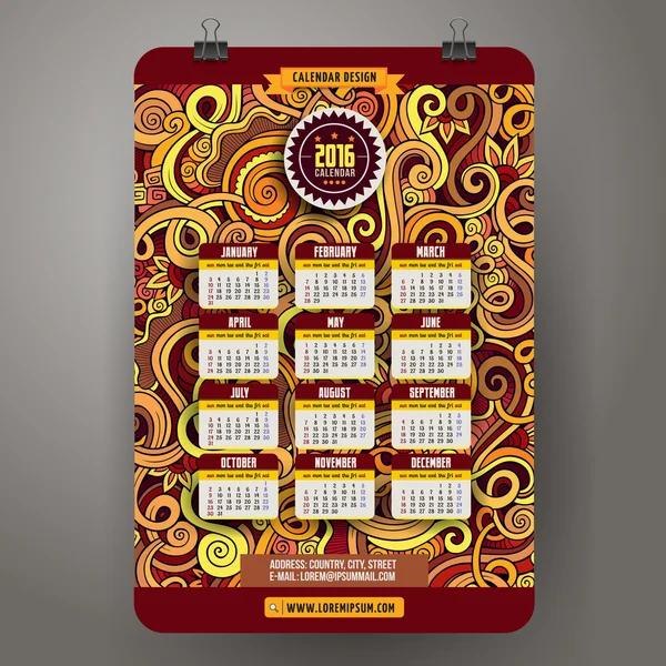 Doodles dibujos animados rizos ornamentales florales Calendario 2016 año — Vector de stock