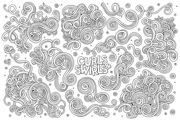 Vector hand drawn Doodle cartoon set of curls and swirls — Stock Vector