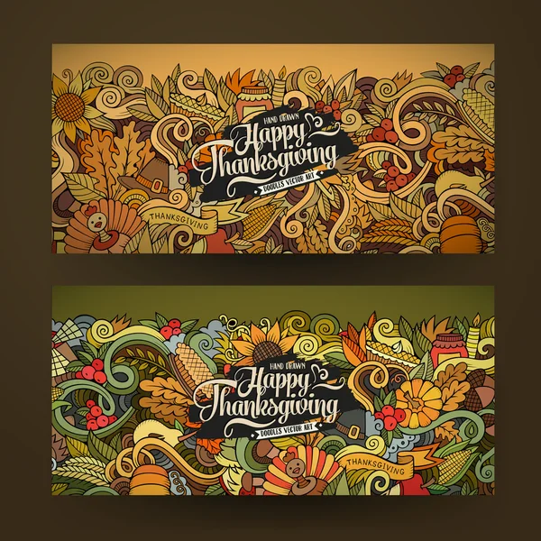 Desenhos animados vetor desenhado à mão Doodle Happy Thanksgiving Dia cartões — Vetor de Stock