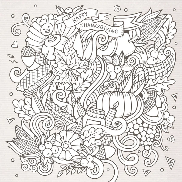 Dibujos animados vector dibujado a mano Doodle Thanksgiving. Diseño incompleto — Vector de stock