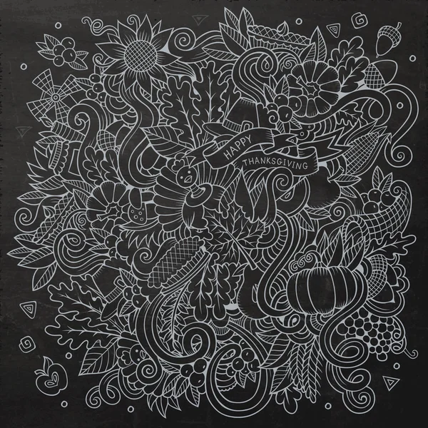 Cartoon vector hand-drawn Doodle Thanksgiving. Chalkboard design — Stok Vektör