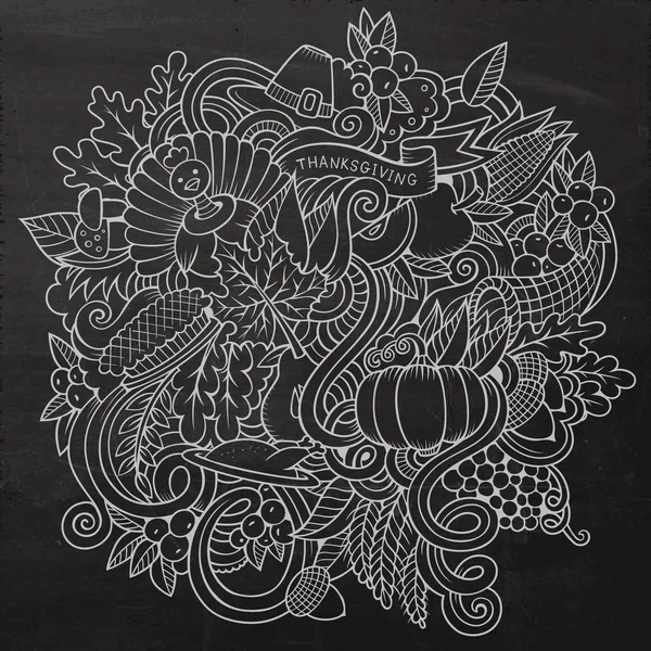 Cartoon vector hand-drawn Doodle Thanksgiving. Chalkboard design — ストックベクタ