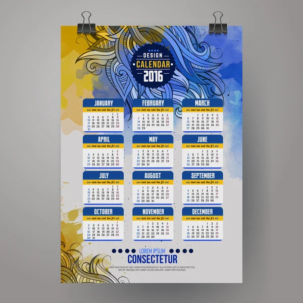 2016 Calendario del año con fondo de pintura de acuarela . — Vector de stock