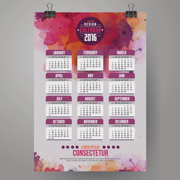 2016 Calendario del año con fondo de pintura de acuarela — Vector de stock