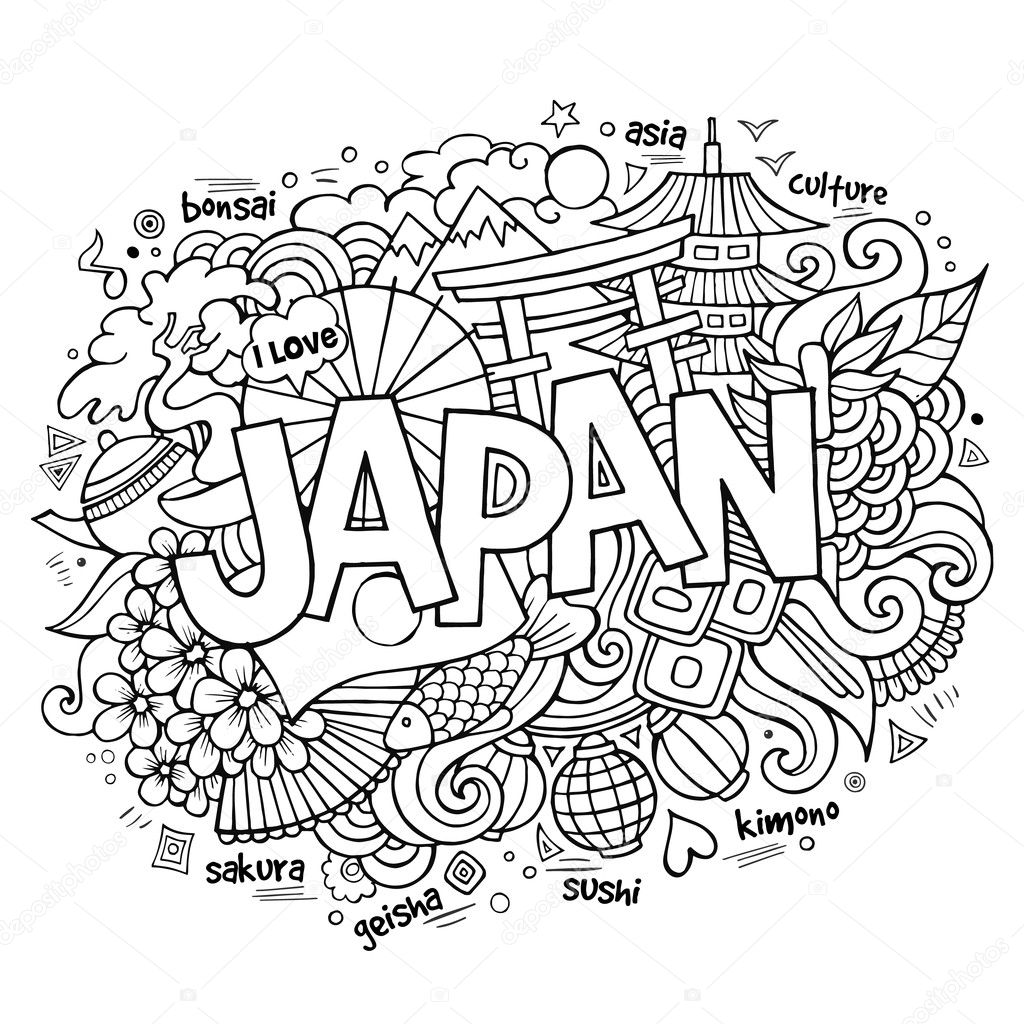 Japan hand lettering and doodles elements background. Vector illustration