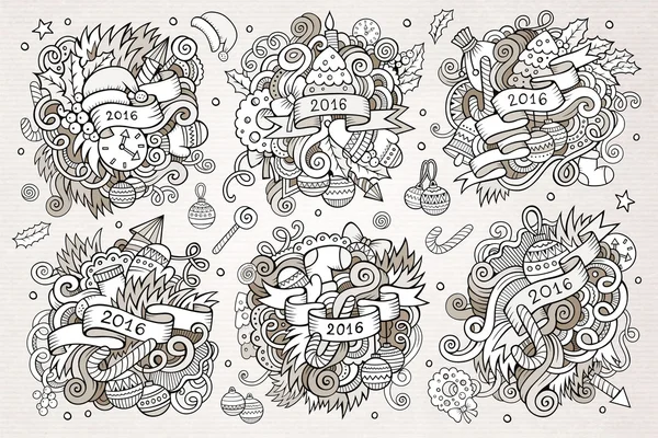 2016 Año nuevo garabatos dibujado a mano diseños conjunto — Vector de stock