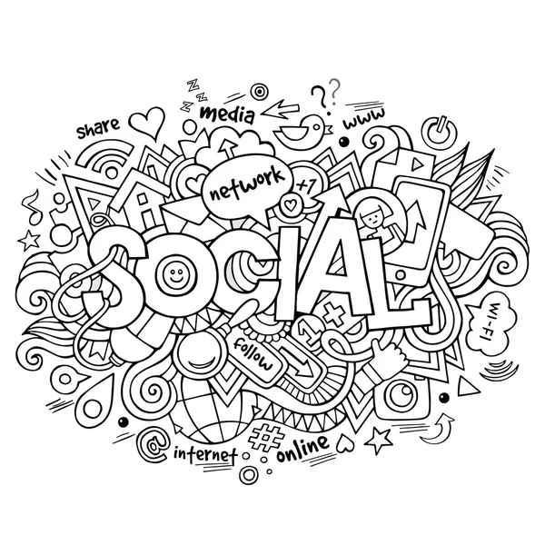 Letras de mano social y doodles elementos fondo — Vector de stock