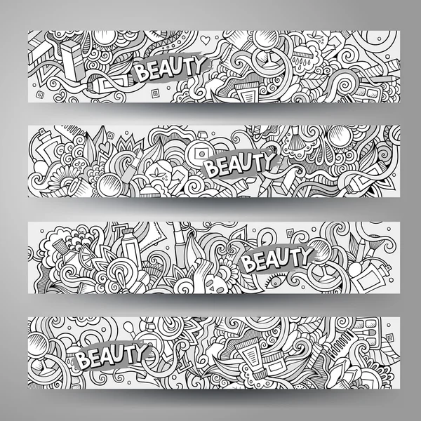 Cartoon vector disegnato a mano Doodle design banner cosmetici — Vettoriale Stock