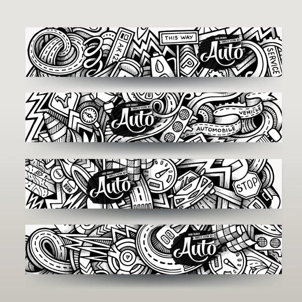 Gráficos vector dibujado a mano rastro incompleto Banderas de Doodle automotriz — Vector de stock