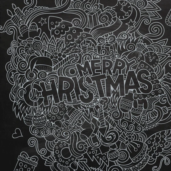 Veselé Vánoce ruku nápisy a čmáranice prvky pozadí. — Stockový vektor