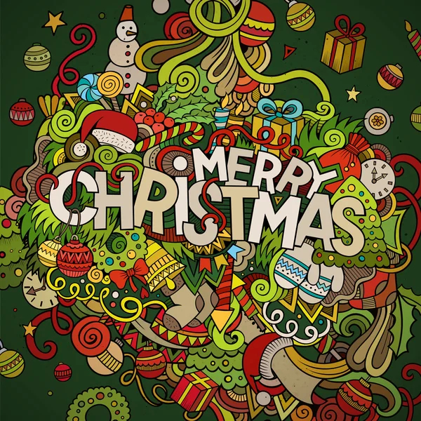 Buon Natale mano lettering e doodles elementi di sfondo . — Vettoriale Stock