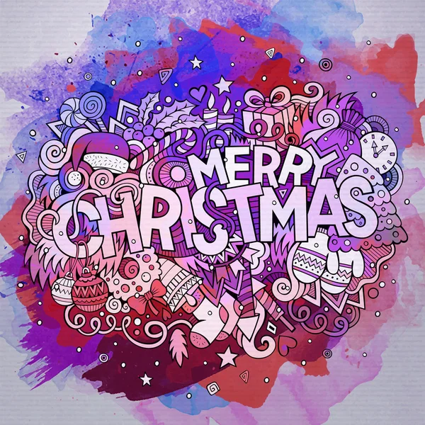 Buon Natale mano lettering e doodles elementi acquerello — Vettoriale Stock