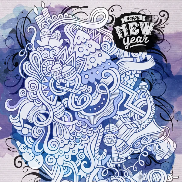 New Year doodles elements watercolor art background — Stockvector