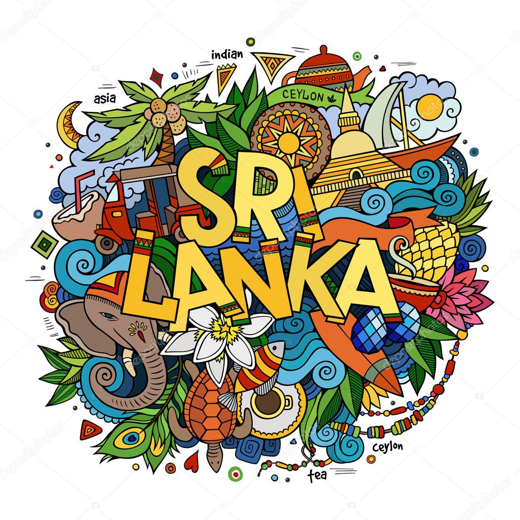 Sri Lanka hand lettering and doodles elements and symbols background. Vector hand drawn colorful illustration