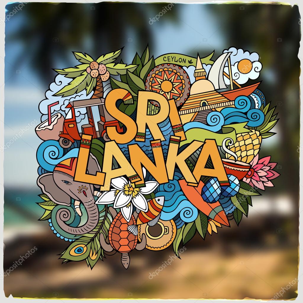Sri Lanka hand lettering and doodles elements and symbols emblem. Vector blurred background