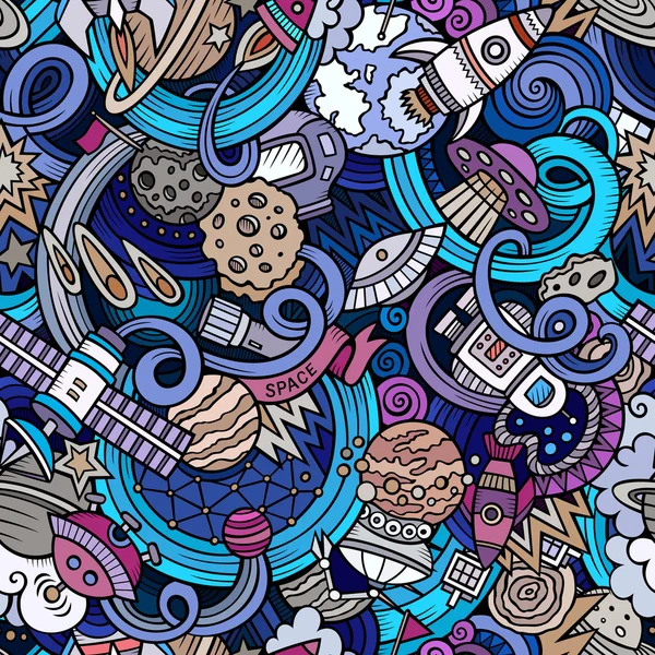 Cartoon hand-drawn doodles on the subject of space seamless pattern — Stock vektor
