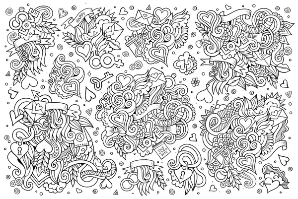 Sketchy vector dibujado a mano garabatos conjunto de dibujos animados de Amor — Vector de stock