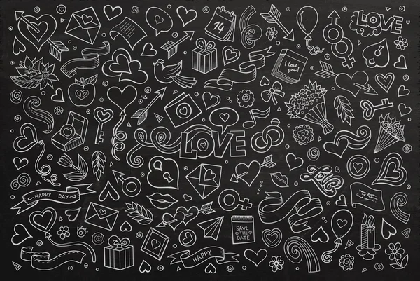 Chalkboard vetor mão desenhado doodles desenho animado conjunto de amor — Vetor de Stock