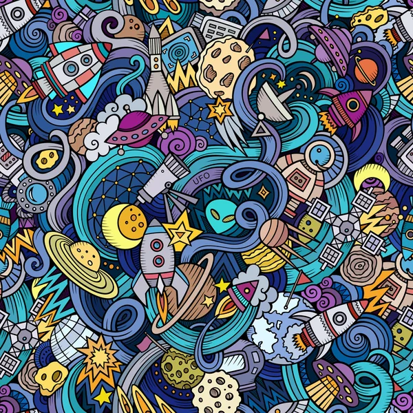 Cartoon hand-drawn doodles on the subject of space seamless pattern — 图库矢量图片