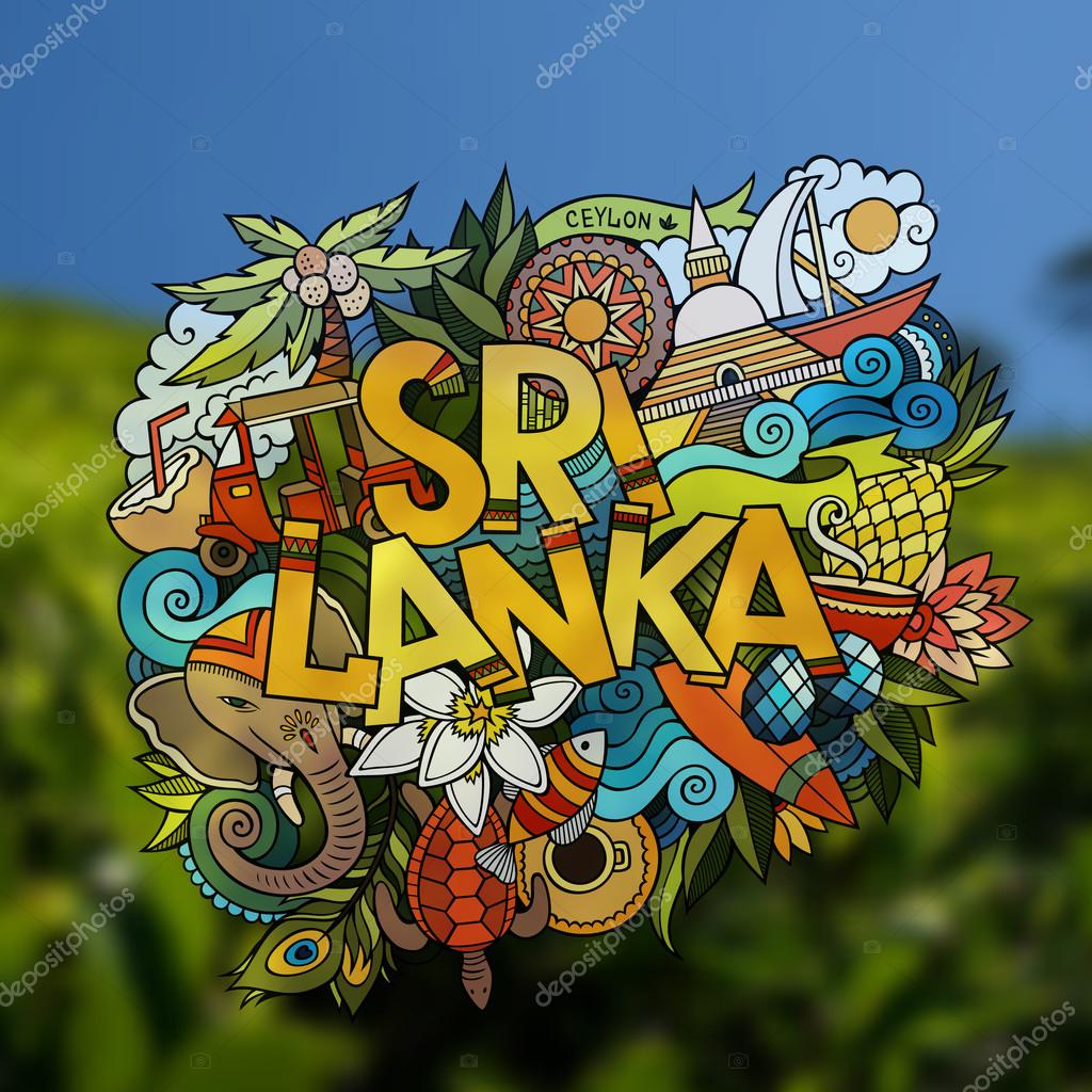 Sri Lanka hand lettering and doodles elements emblem. Vector blurred background