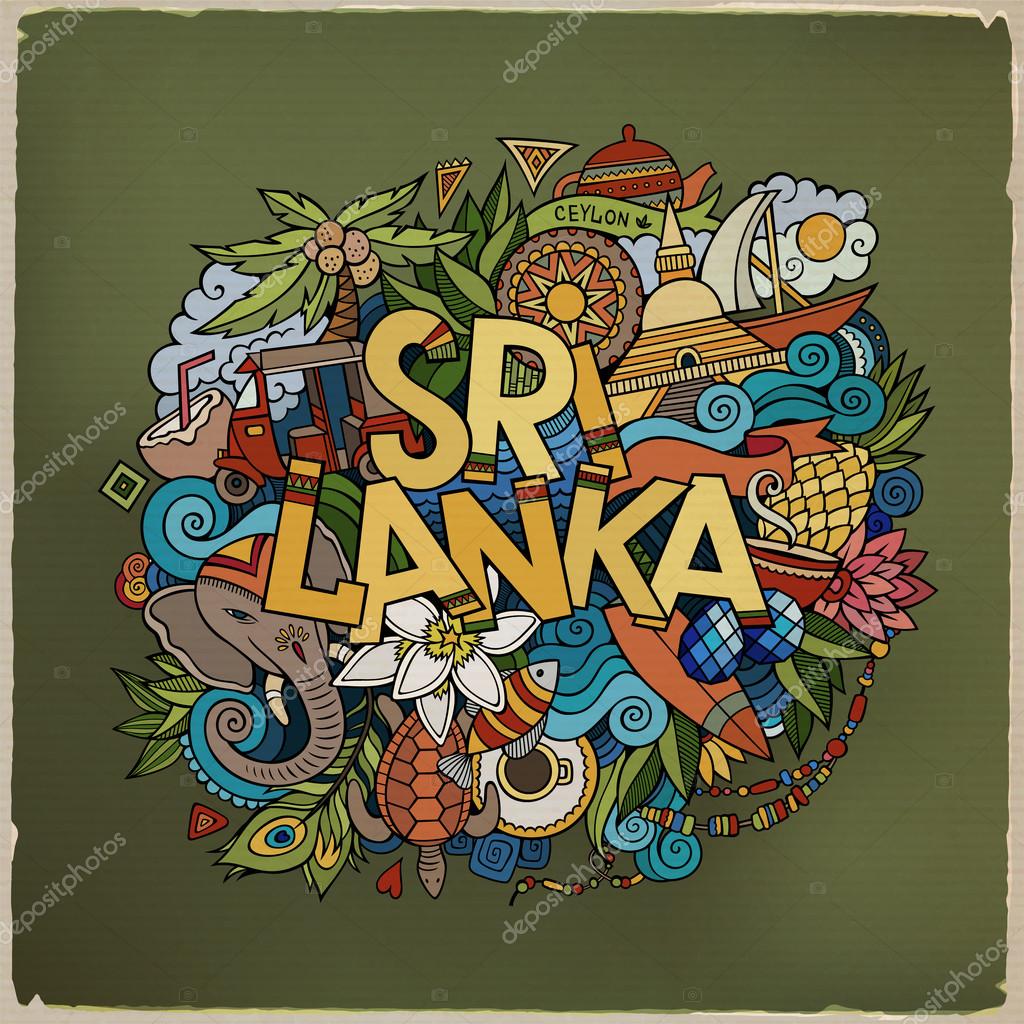 Sri Lanka hand lettering and doodles elements and symbols background. Vector hand drawn colorful illustration