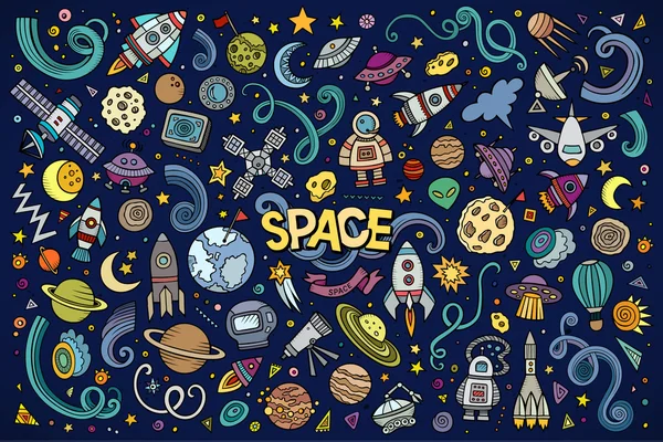 Coloré vecteur dessiné à la main gribouillis jeu de dessins animés d'objets de l'espace — Image vectorielle