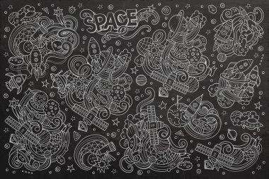 Chalkboard vector hand drawn doodles cartoon set of Space objects clipart