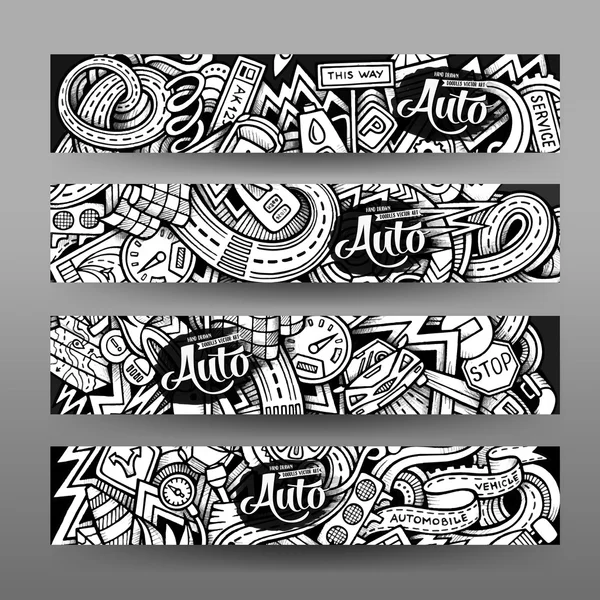 Gráficos vector dibujado a mano rastro incompleto Banderas de Doodle automotriz — Vector de stock