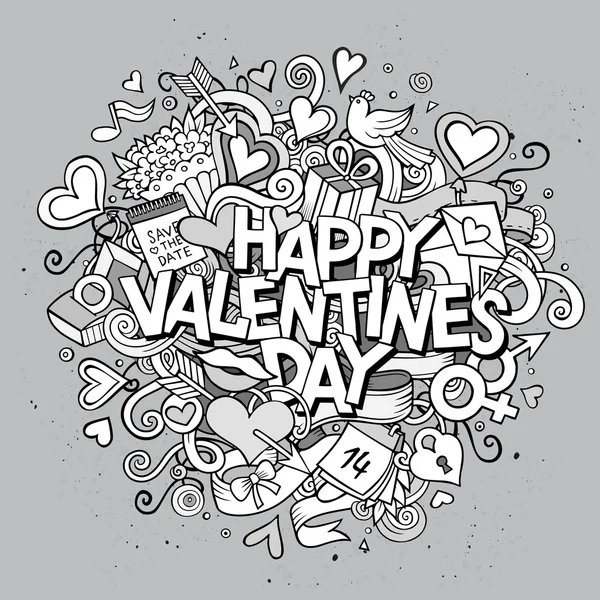 Dessin animé vecteur dessiné à la main Doodle Happy Valentines Day — Image vectorielle