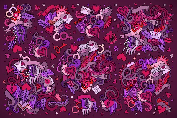 Çizgi film seti aşkın renkli vektör elle çizilmiş doodles — Stok Vektör