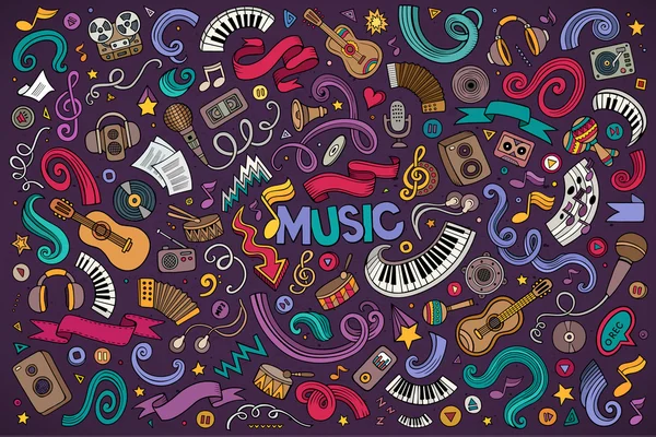 Colorido vector dibujado a mano garabatos conjunto de dibujos animados de objetos de música — Vector de stock