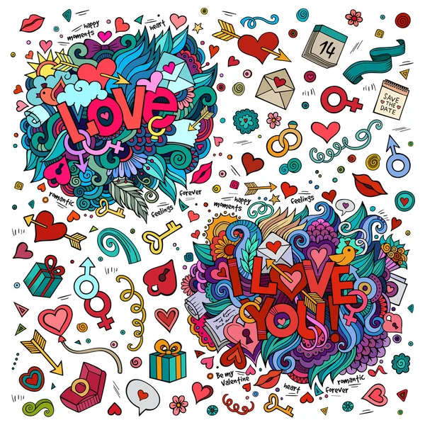 Uppsättning av kärlek och jag älskar dig hand bokstäver och doodles element — Stock vektor