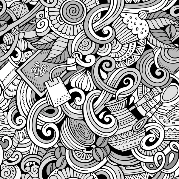 Cartoon gribouillis dessinés à la main de café, café motif sans couture — Image vectorielle
