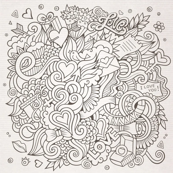 Desenhos animados vetor desenhado à mão Love Doodles. Desenho de fundo esboçado — Vetor de Stock