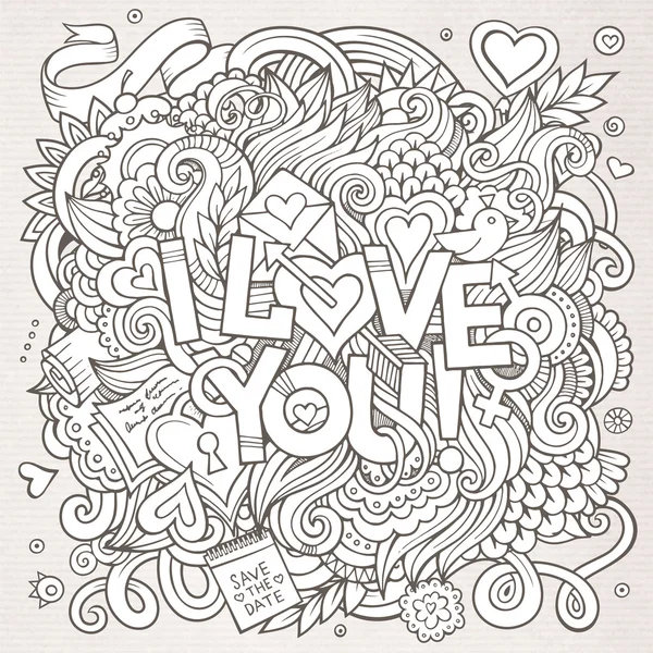 Liefde hand belettering en doodles elementen achtergrond — Stockvector