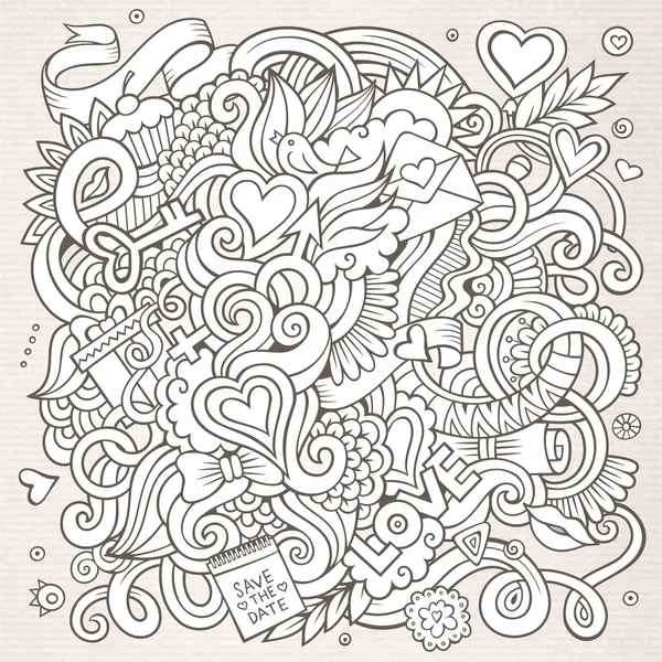 Cartoon vecteur dessiné à la main Love Doodles. Sketchy fond de conception — Image vectorielle