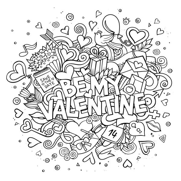 Cartoon vector hand drawn Doodle Be My Valentine — Stock Vector