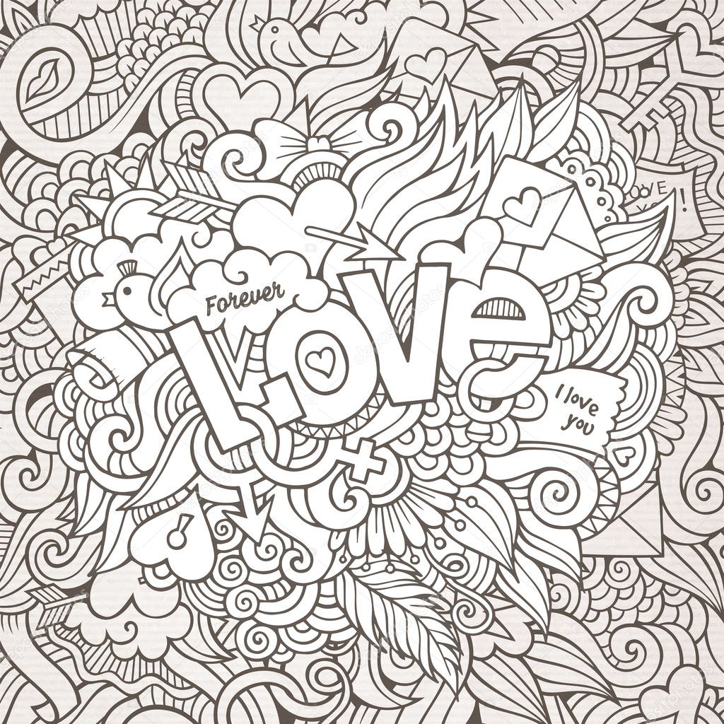 Love hand lettering and doodles elements sketch background. Vector illustration