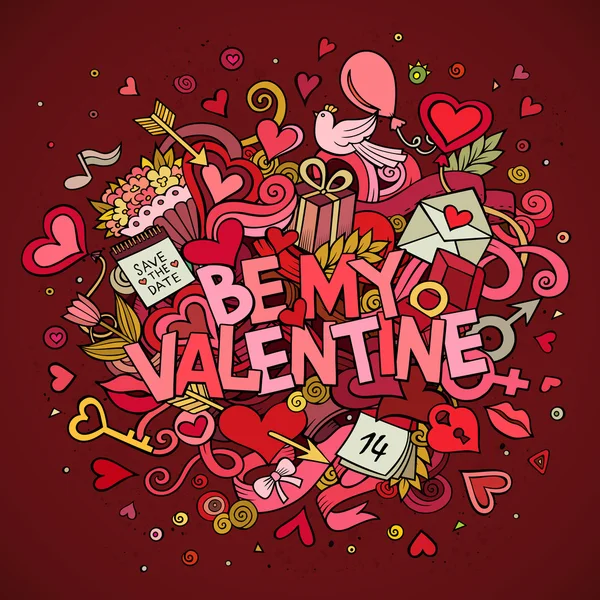 Cartoon vector hand getrokken Doodle Be My Valentine — Stockvector