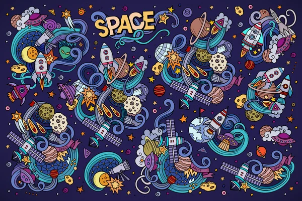 Colorato vettore disegnato a mano scarabocchi serie di cartoni animati di oggetti spaziali — Vettoriale Stock
