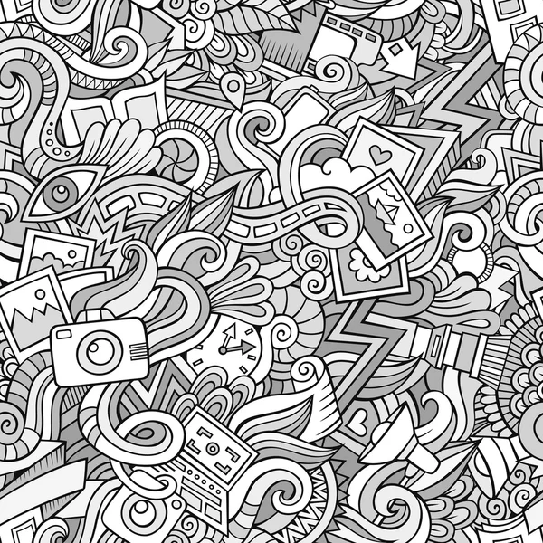 Cartoon hand-drawn doodles of photography  seamless pattern - Stok Vektor