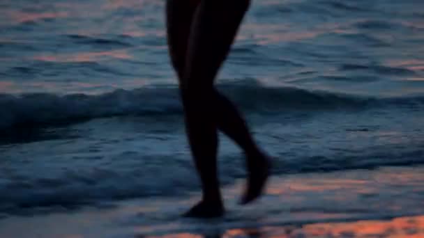 Walkin op het strand na zonsondergang. — Stockvideo