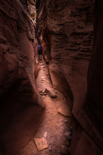 Girl Backpacker exploring Little Wild Horse Canyon Utah — Stock Photo, Image