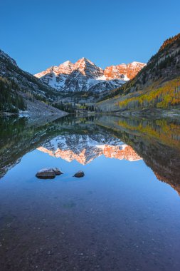 Kestane rengi çan gündoğumu Aspen Colorado dikey kompozisyon yansıtacak