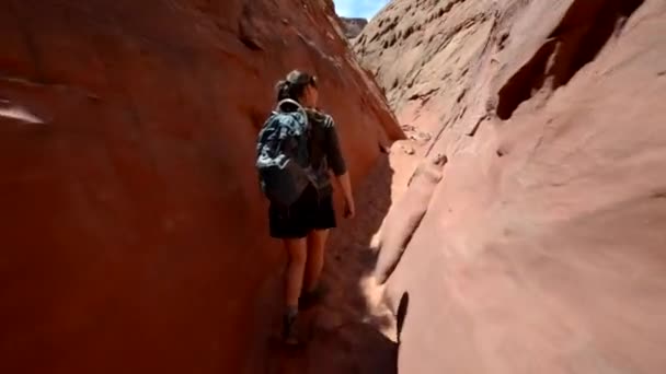 Meisje wandelaar backpacker in het slot canyon — Stockvideo