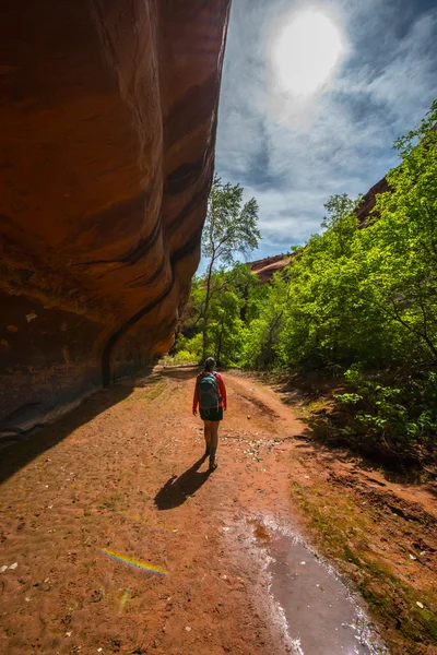 Tramp batohem v neon canyon utah — Stock fotografie