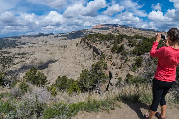 Chica tomando fotos con su teléfono inteligente - Table Cliff Plateau — Foto de Stock