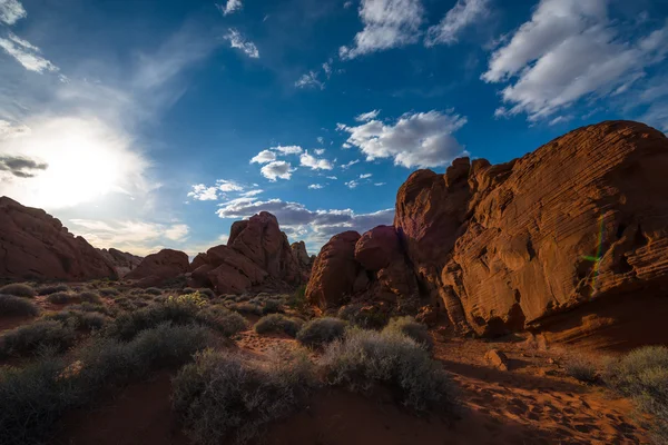 Sun about to set over the Rainbow Vista Valley of fire Nevada — Stock Photo, Image