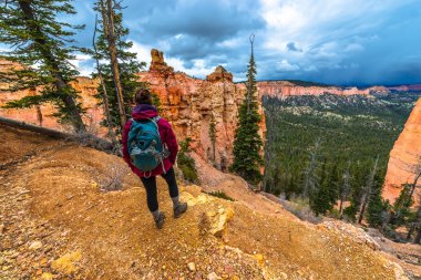 Kadın Backpacker Ponderosa'yı Kanyon Bryce National hiking