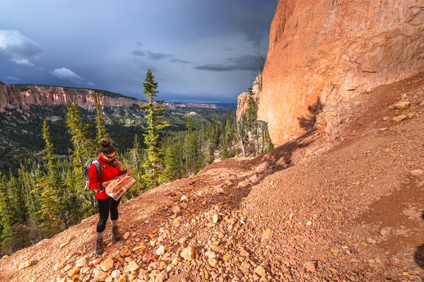 Kvinnan Backpacker med en karta, Ponderosa Canyon Bryce nationella Par — Stockfoto
